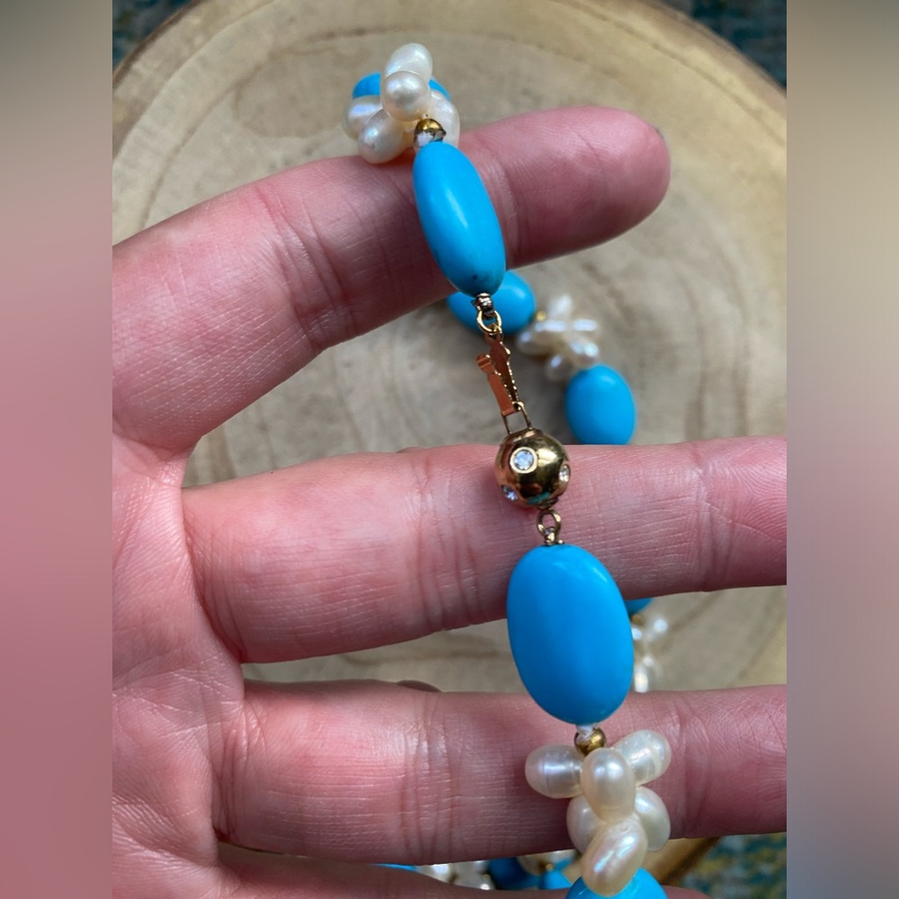 Vintage 90s turquoise beaded pearl drop necklace - Picture 3 of 5